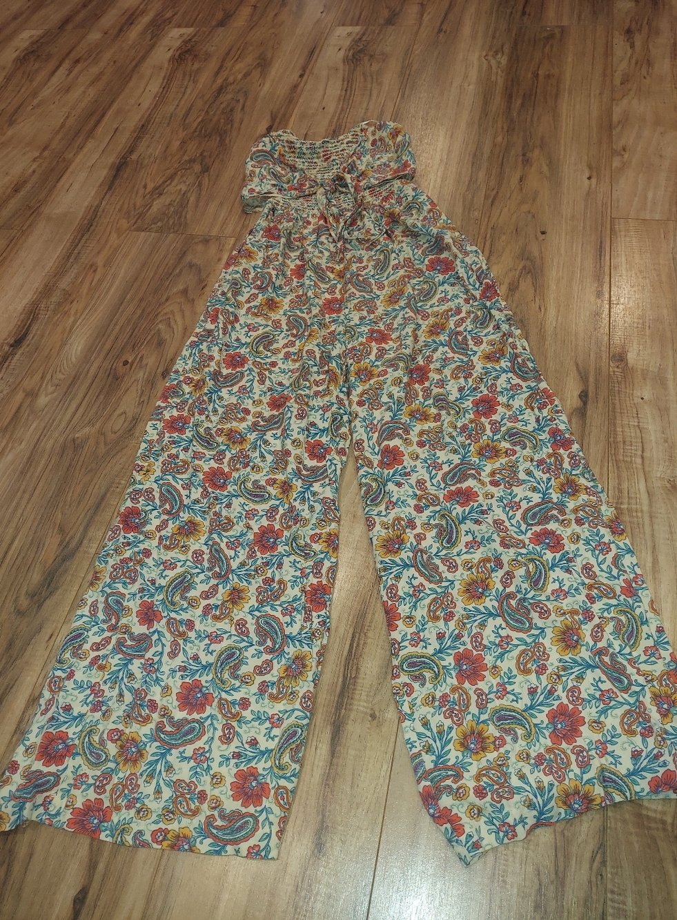 Patrons Of Peace Sz XS Strapless Smocked Jumpsuit Wide Leg Flowy  Floral Vacay